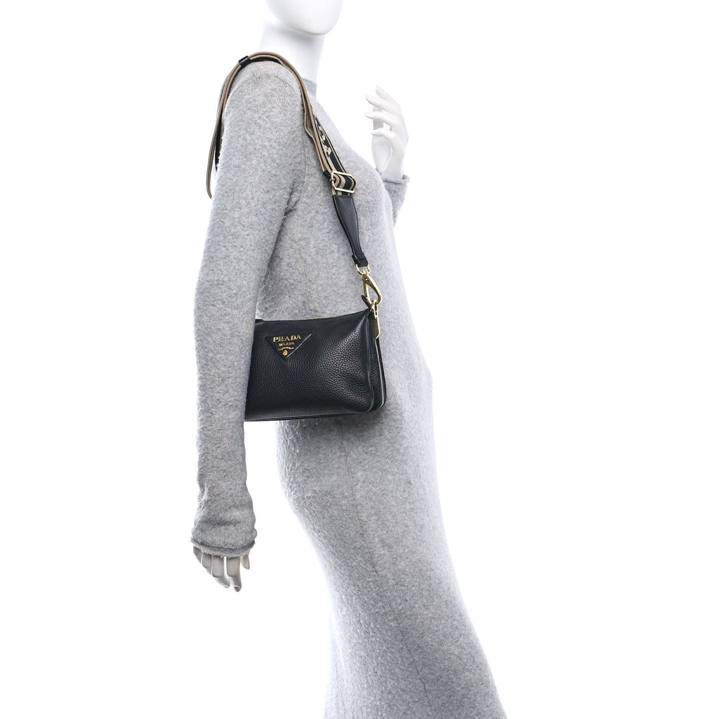 Vitello Daino Soft Mini Zippered Shoulder Bag Black