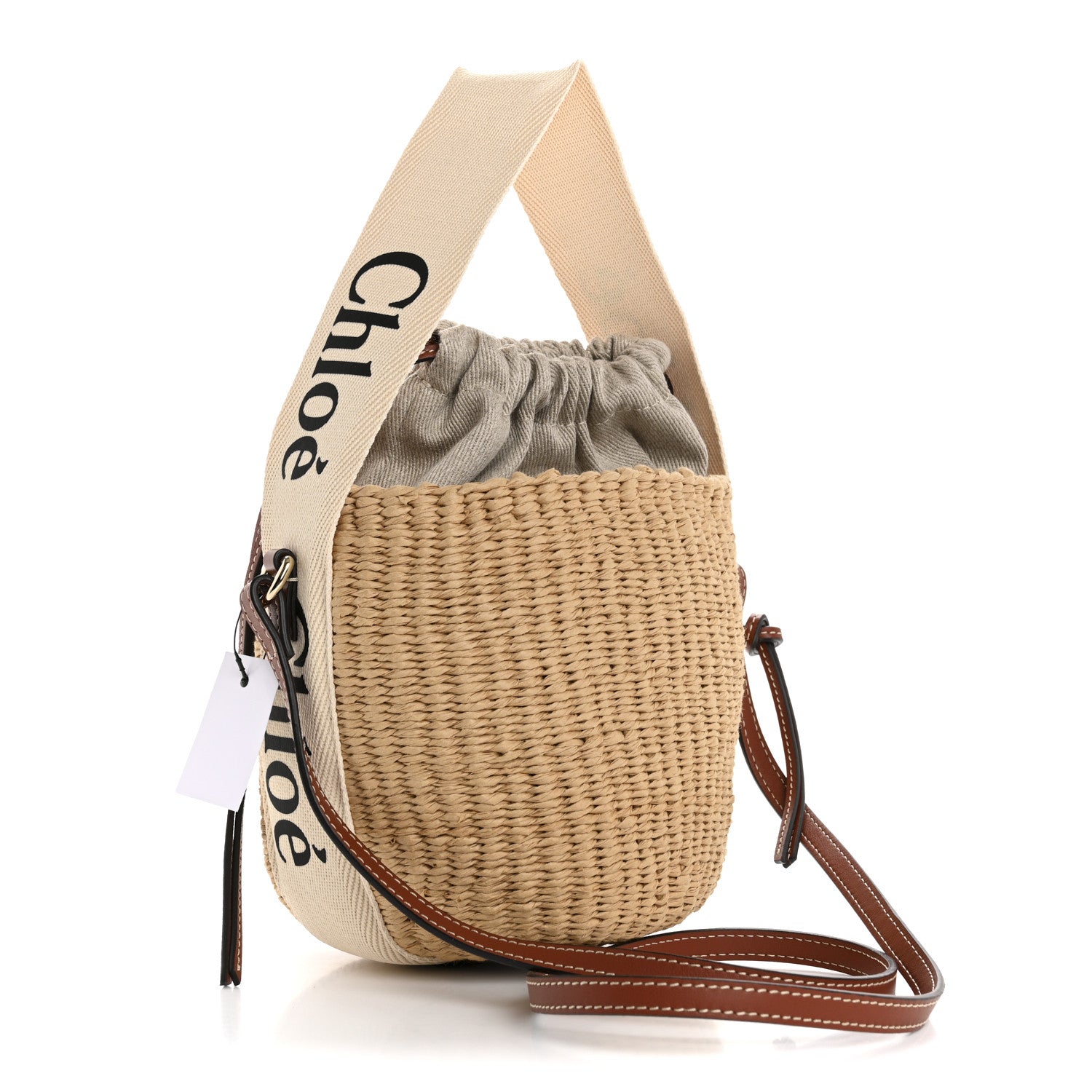 X MIFUKO Raffia Calfskin Small Woody Basket Shoulder Bag Beige Brown