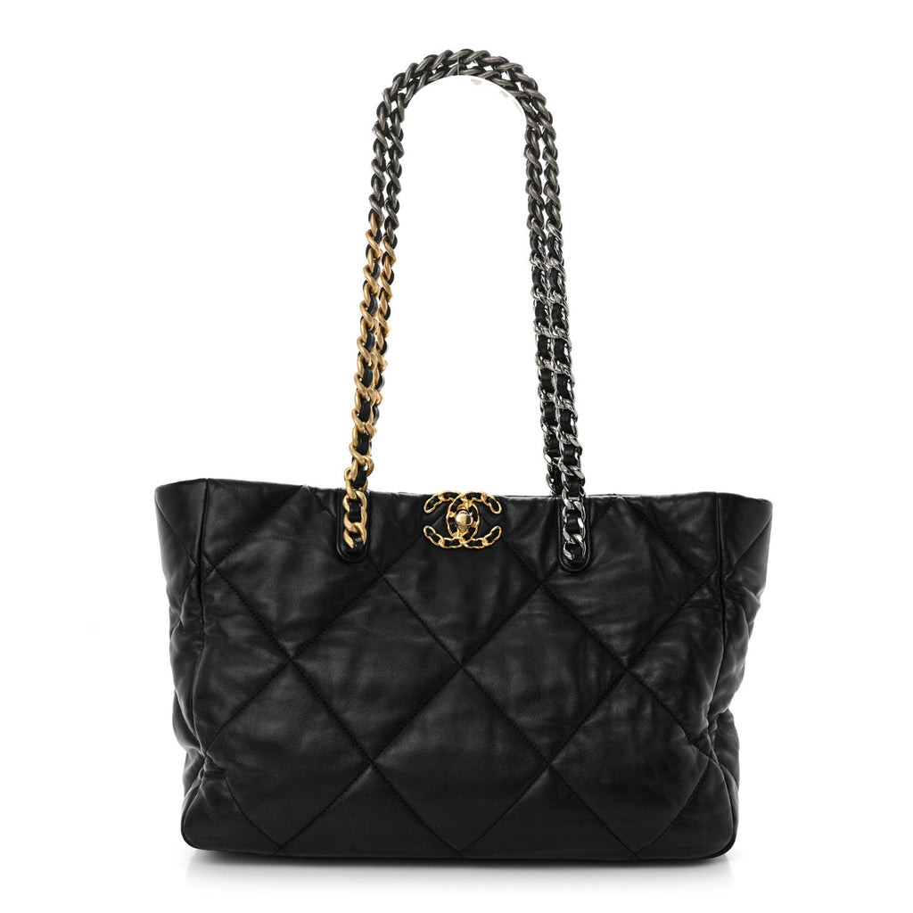 Lambskin Quilted Chanel 19 East West Shopping Bag Black