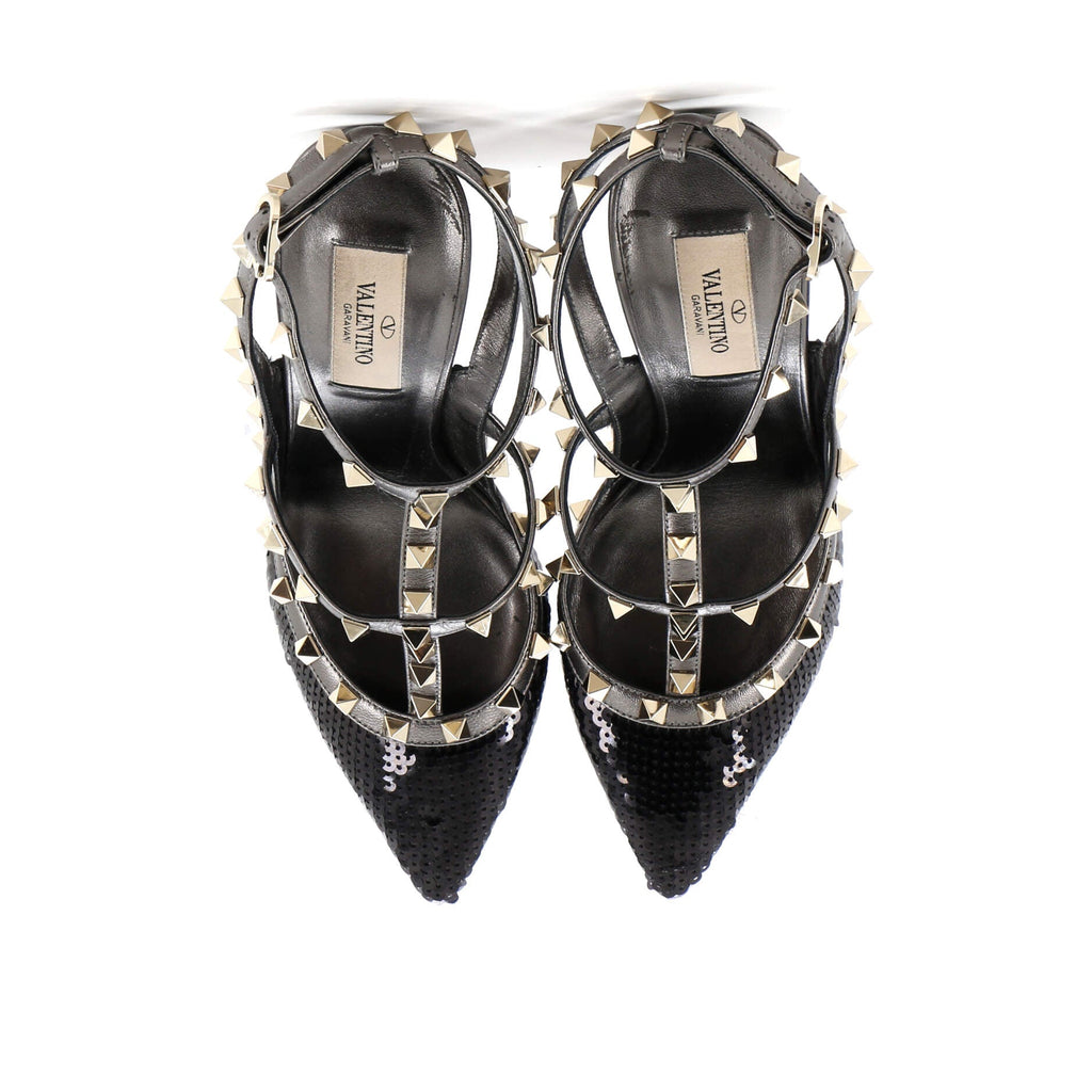 Women's Rockstud Ankle Strap Pumps Sequins and Leather 100