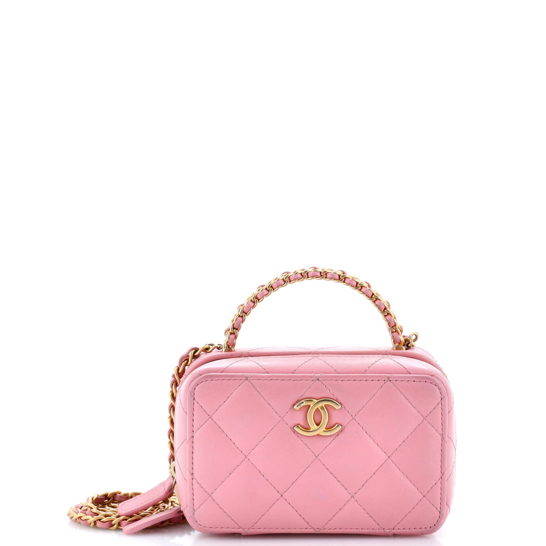 CC Chain Handle Zip Around Vanity Case with Chain Quilted Lambskin Mini