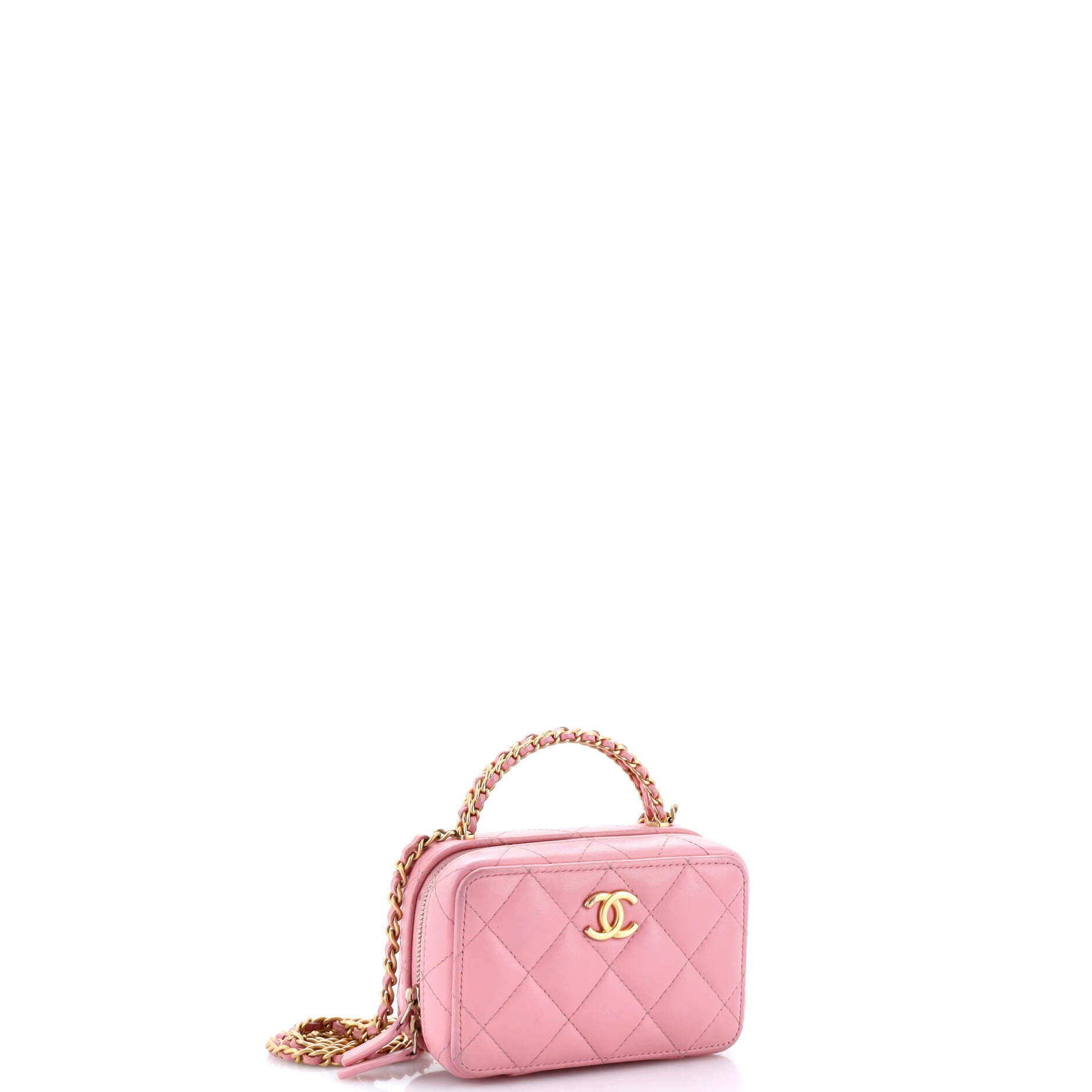 CC Chain Handle Zip Around Vanity Case with Chain Quilted Lambskin Mini