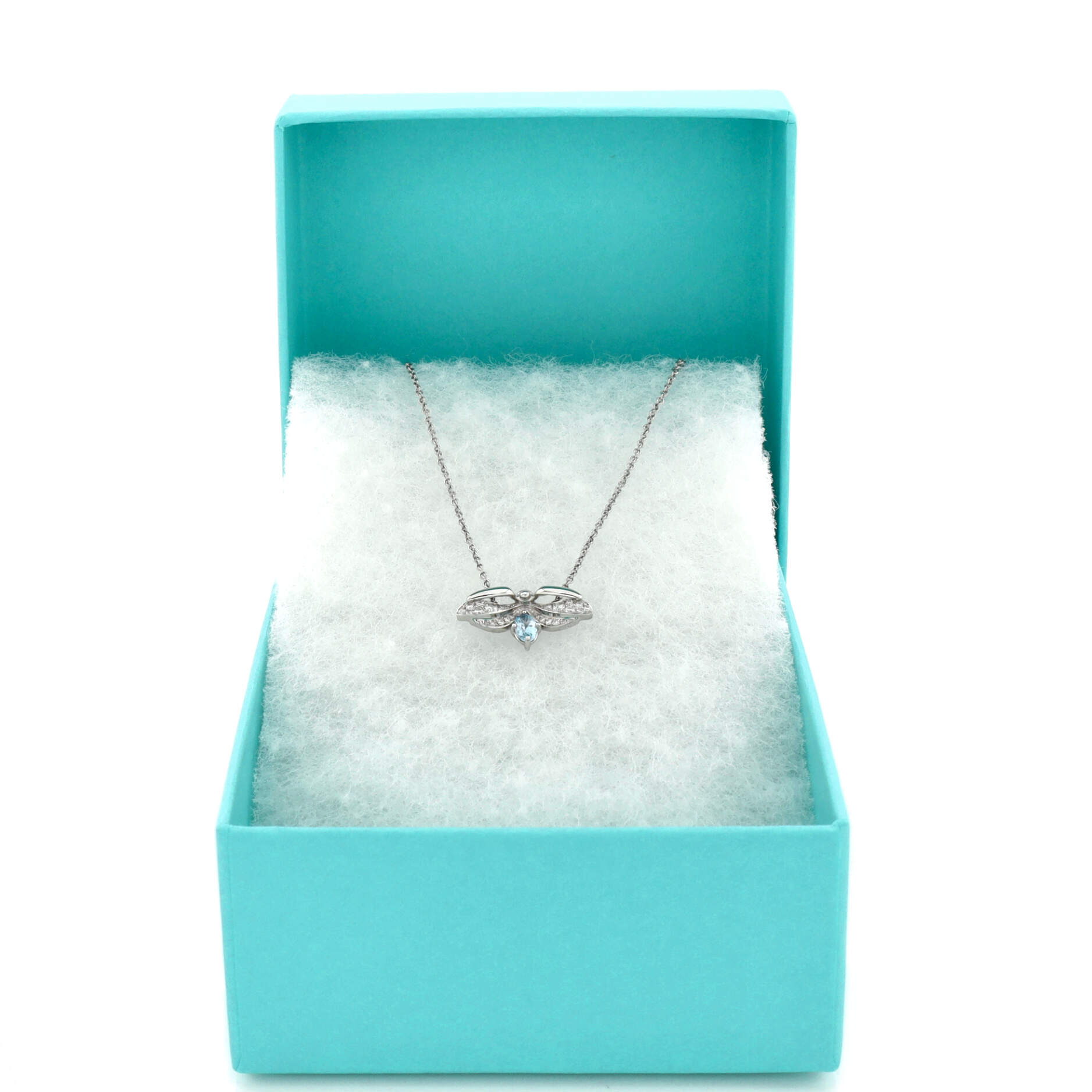 Paper Flowers Firefly Pendant Necklace Platinum with Diamonds and Aquamarine Small