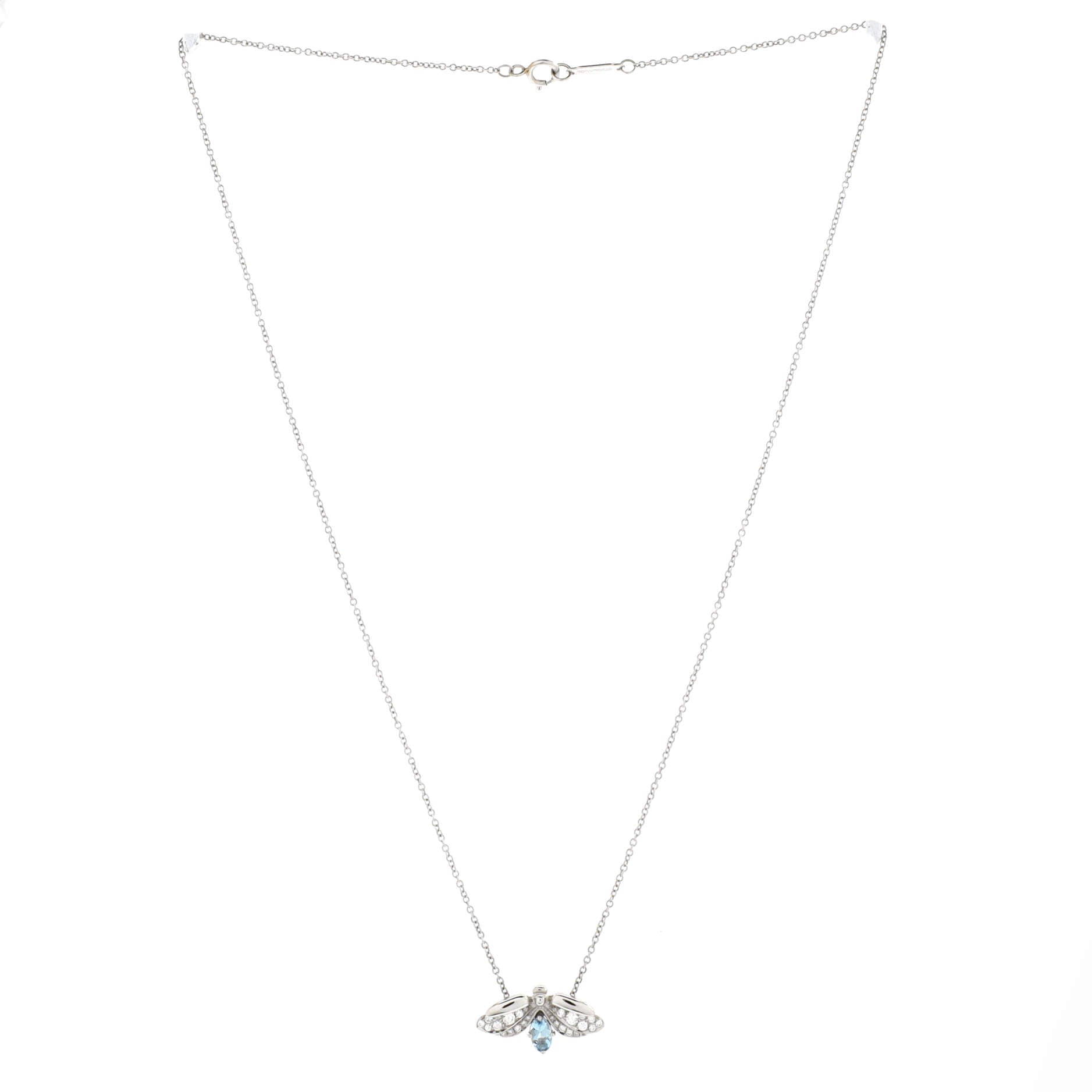 Paper Flowers Firefly Pendant Necklace Platinum with Diamonds and Aquamarine Small