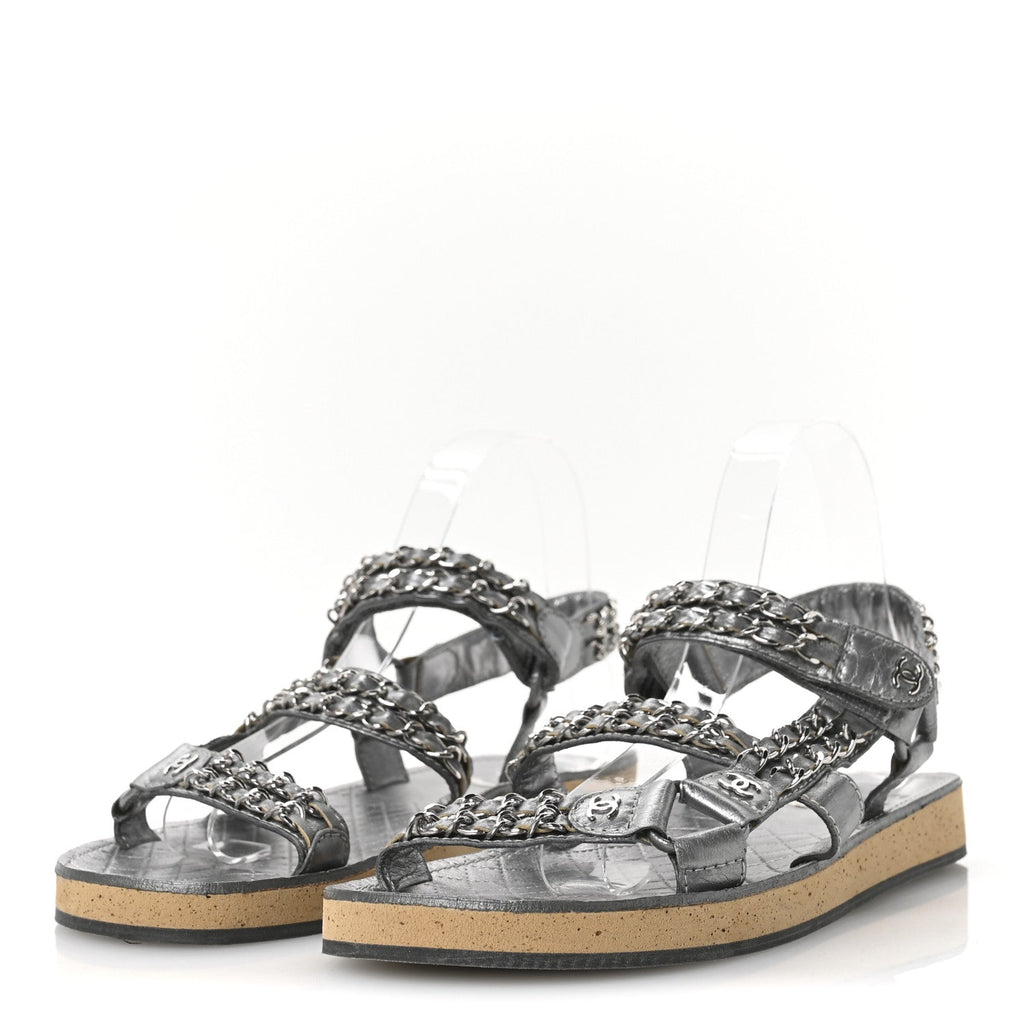 Metallic Laminated Goatskin Chain Flat Sandals 39 Dark Silver