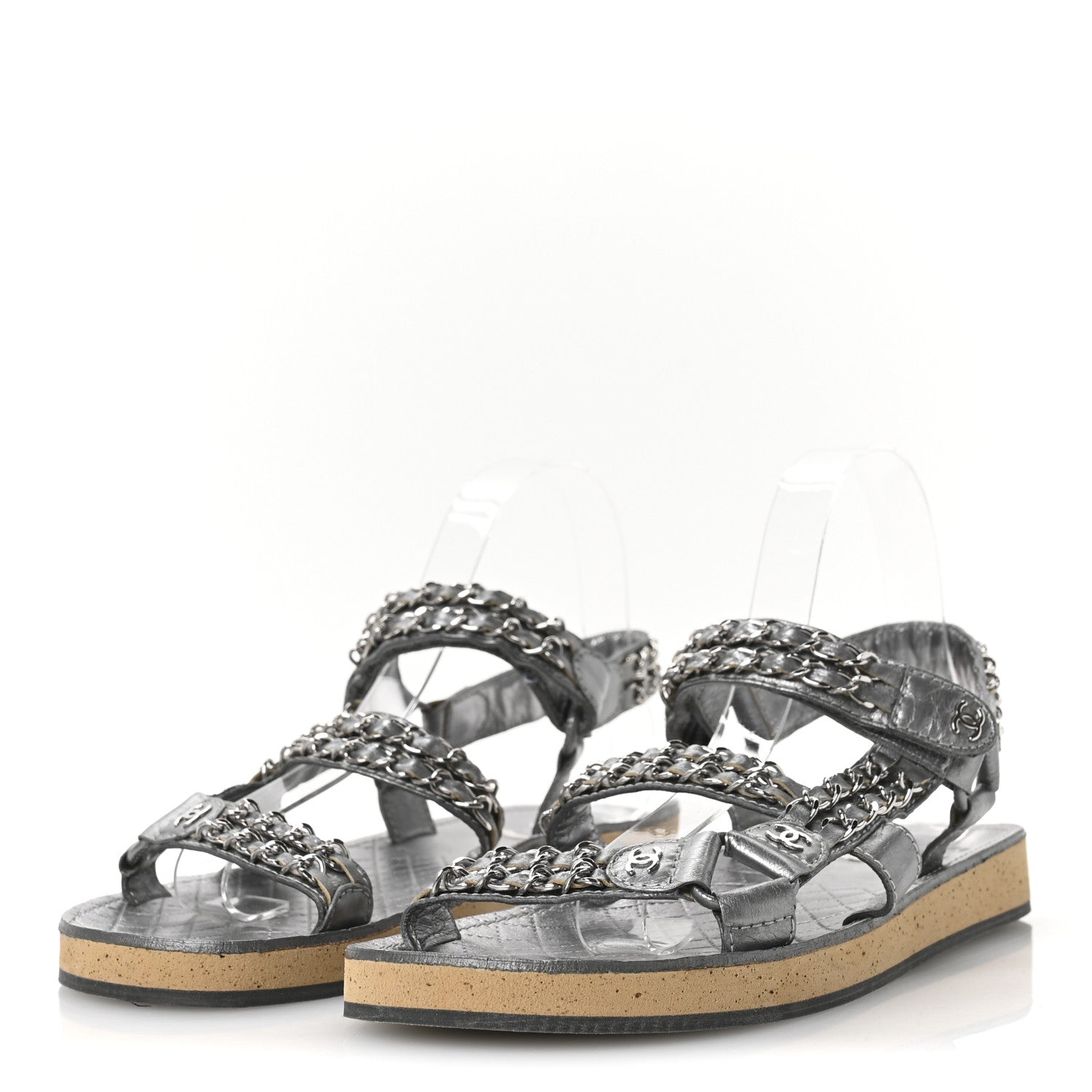 Metallic Laminated Goatskin Chain Flat Sandals 39 Dark Silver