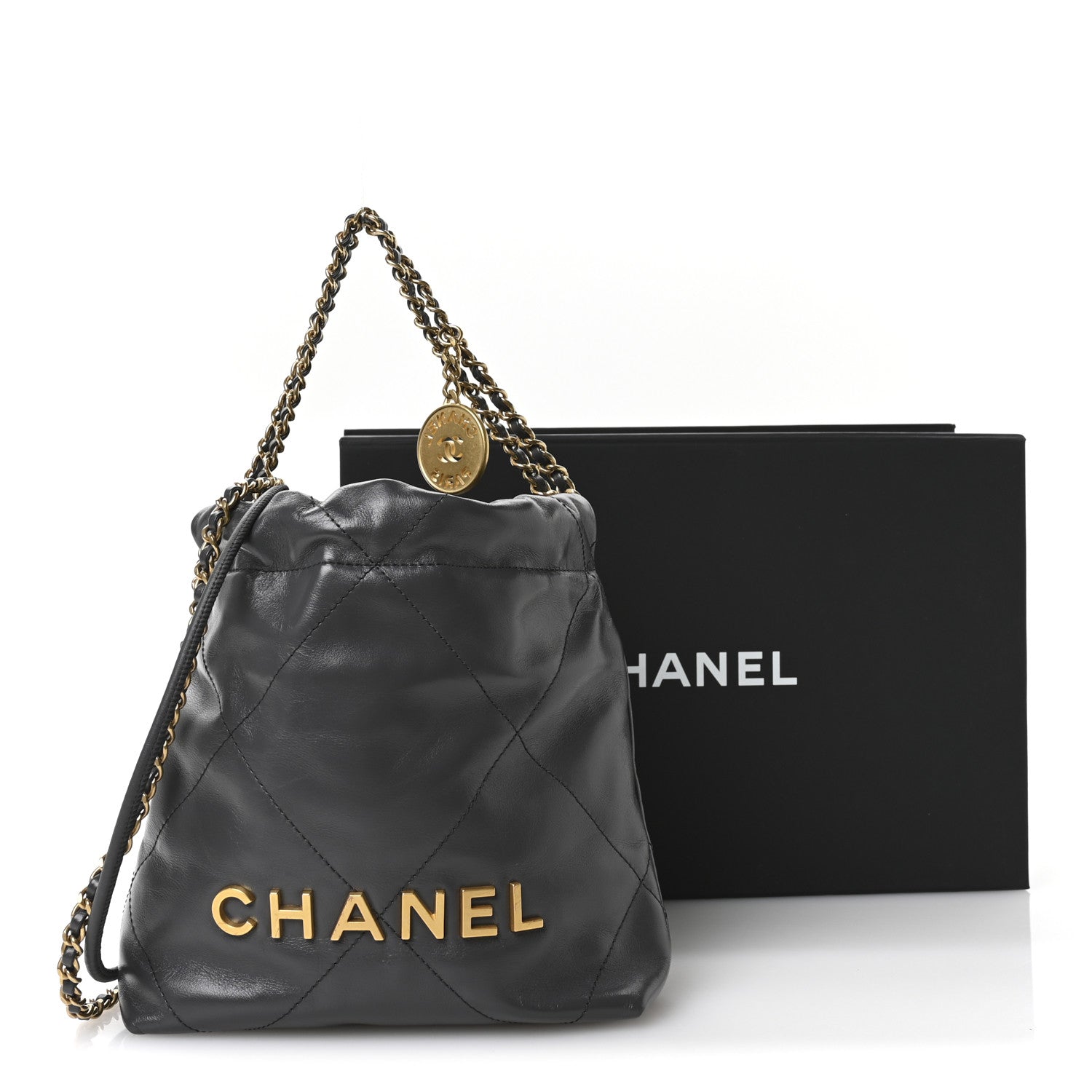 Shiny Calfskin Quilted Mini Chanel 22 Dark Grey
