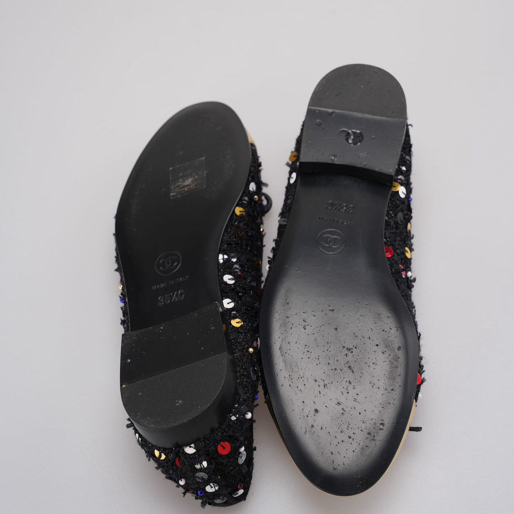 Chanel Black Sequin Ballet Flats with Gold Cap Toe size 35.5