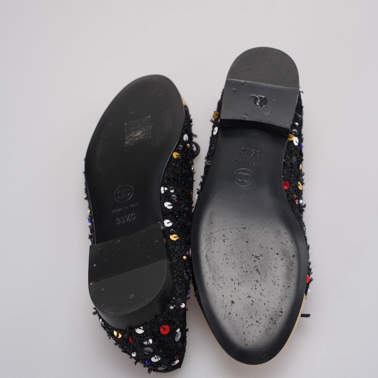 Chanel Black Sequin Ballet Flats with Gold Cap Toe size 35.5