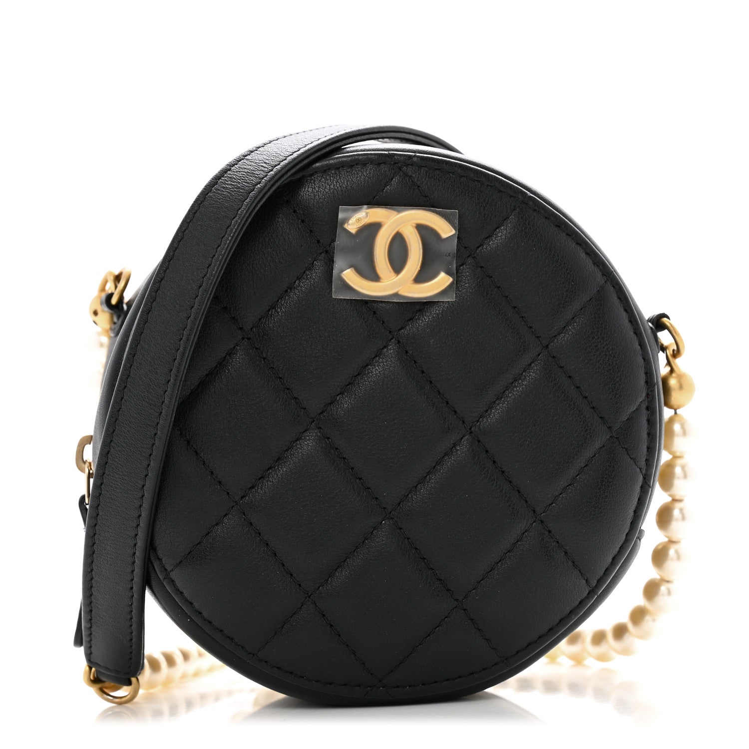Lambskin Quilted Pearl Chain Round Clutch With Chain Black