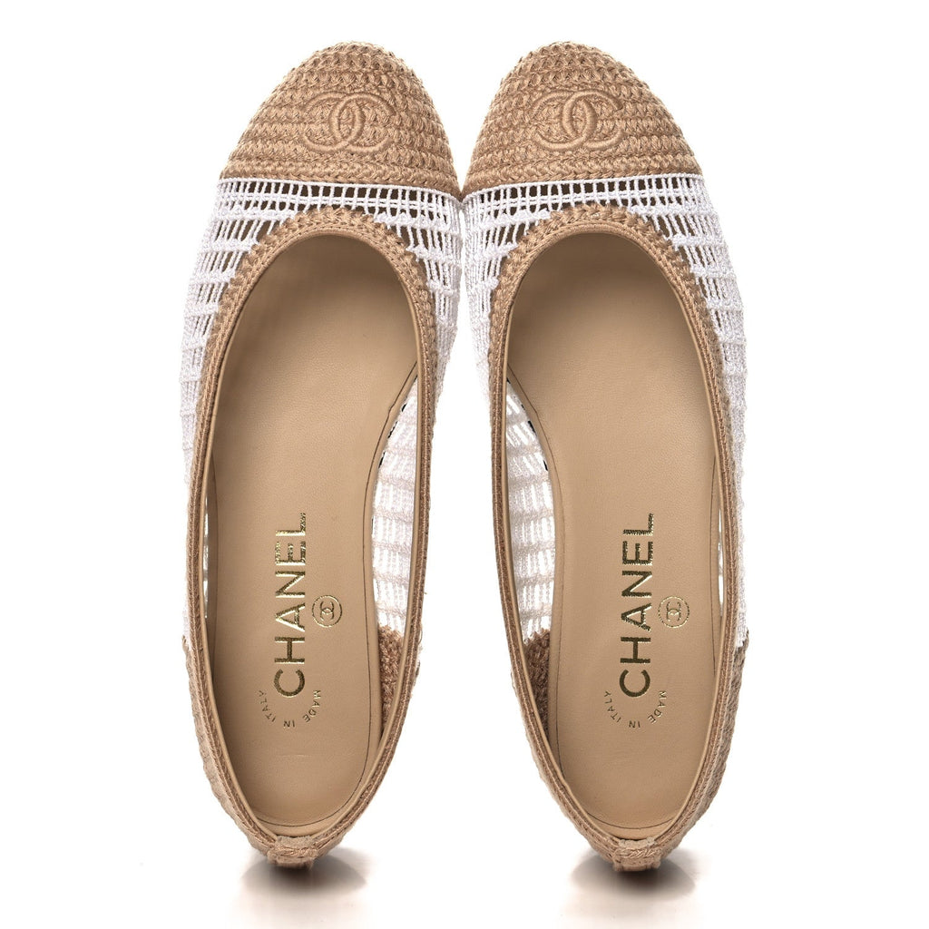 Raffia Cap Toe Ballerina Flats 37 White Beige