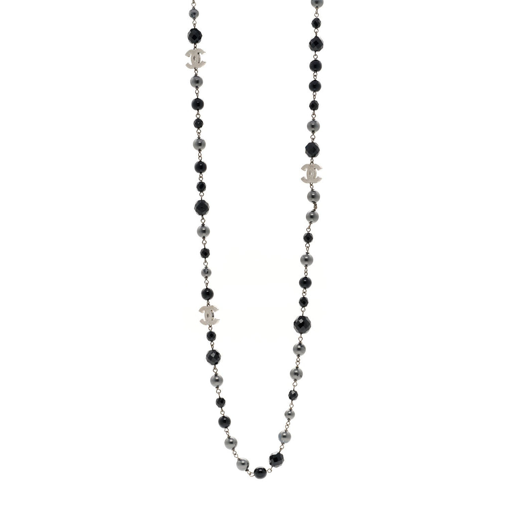 Ruthenium Pearl Beaded CC Long Necklace Black