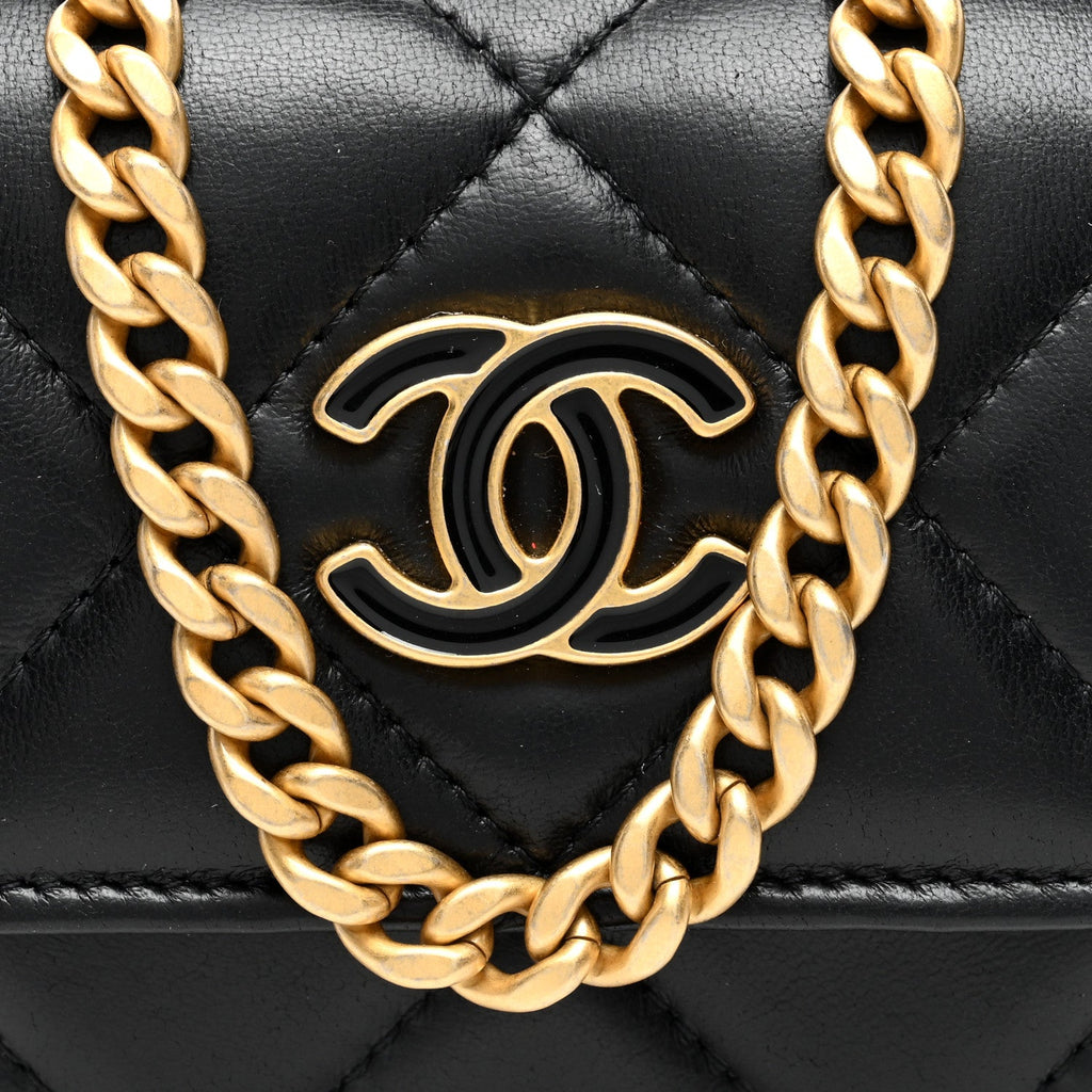 Lambskin Enamel Quilted Pending CC  Holder On Chain Black