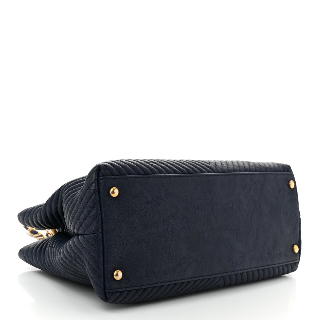 Wrinkled Lambskin Chevron Quilted Surpique Tote Navy Blue