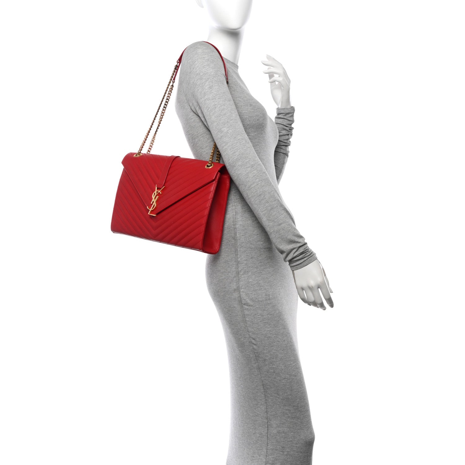 Smooth Calfskin Matelasse Chevron Large Monogram Satchel Lipstick Red