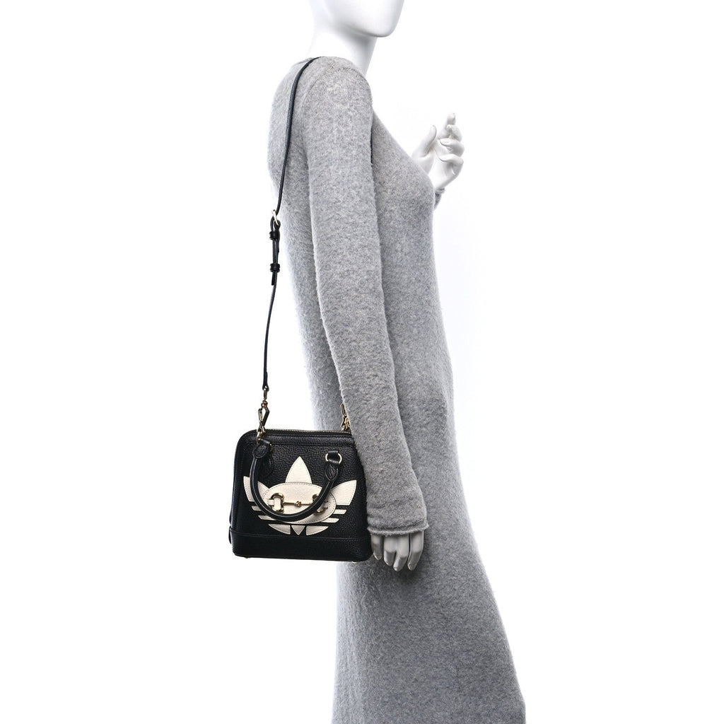 X ADIDAS Textured Dollar Calfskin Web Trefoil Mini Horsebit 1955 Top Handle Bag Black Off White