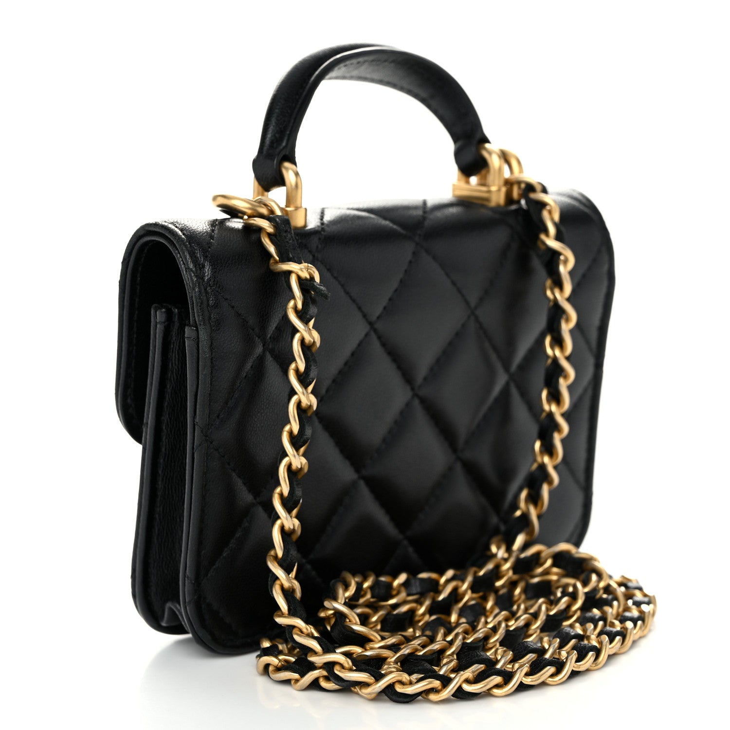 Lambskin Quilted Top Handle Flap Coin Purse With Chain Black