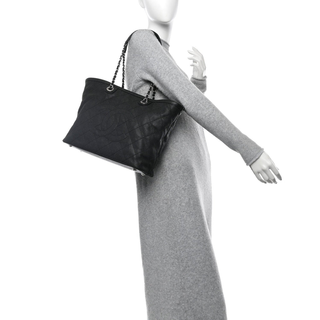 Grained Calfskin Quilted Small Daily Shopping Tote Black