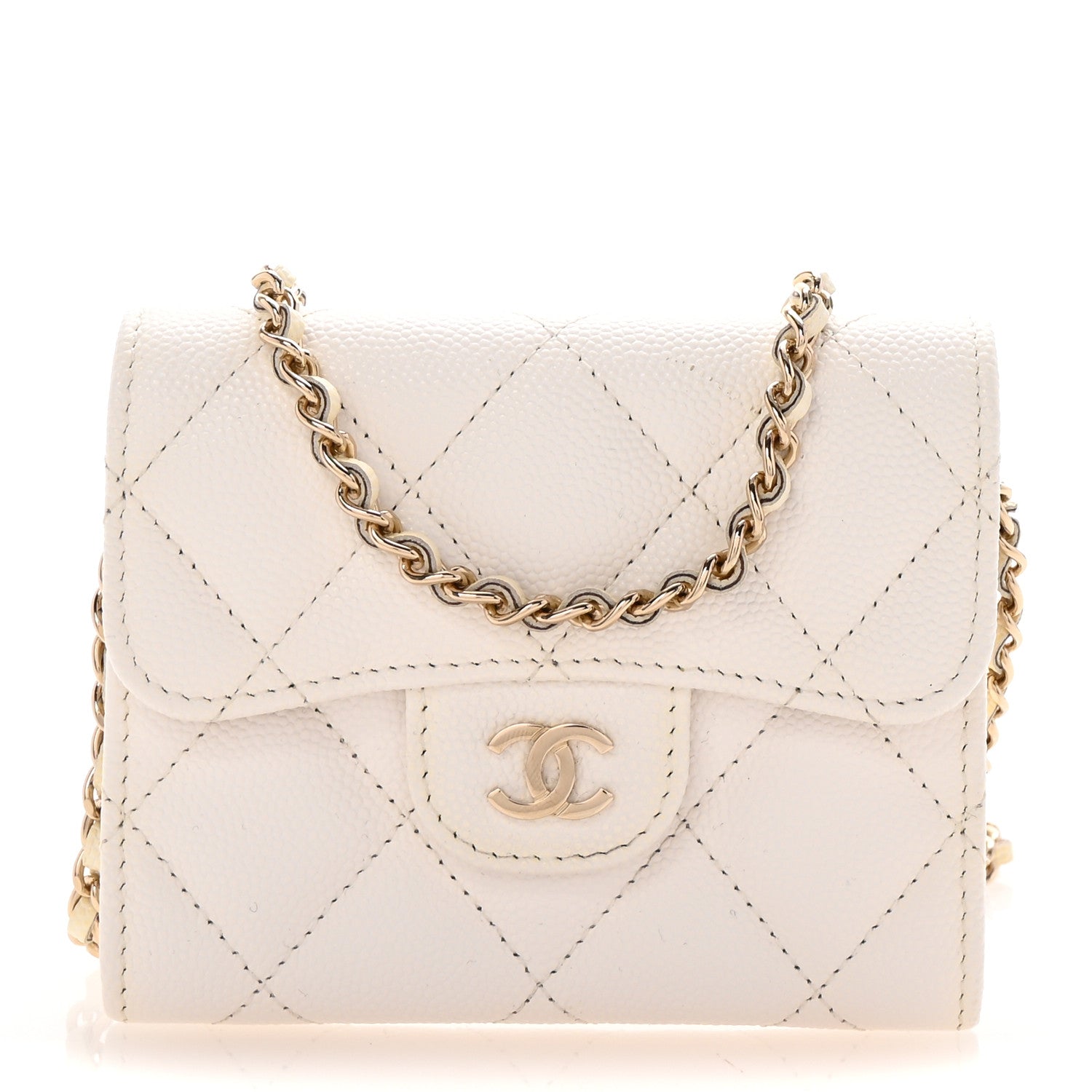 Caviar Quilted Flap  Holder On Chain White