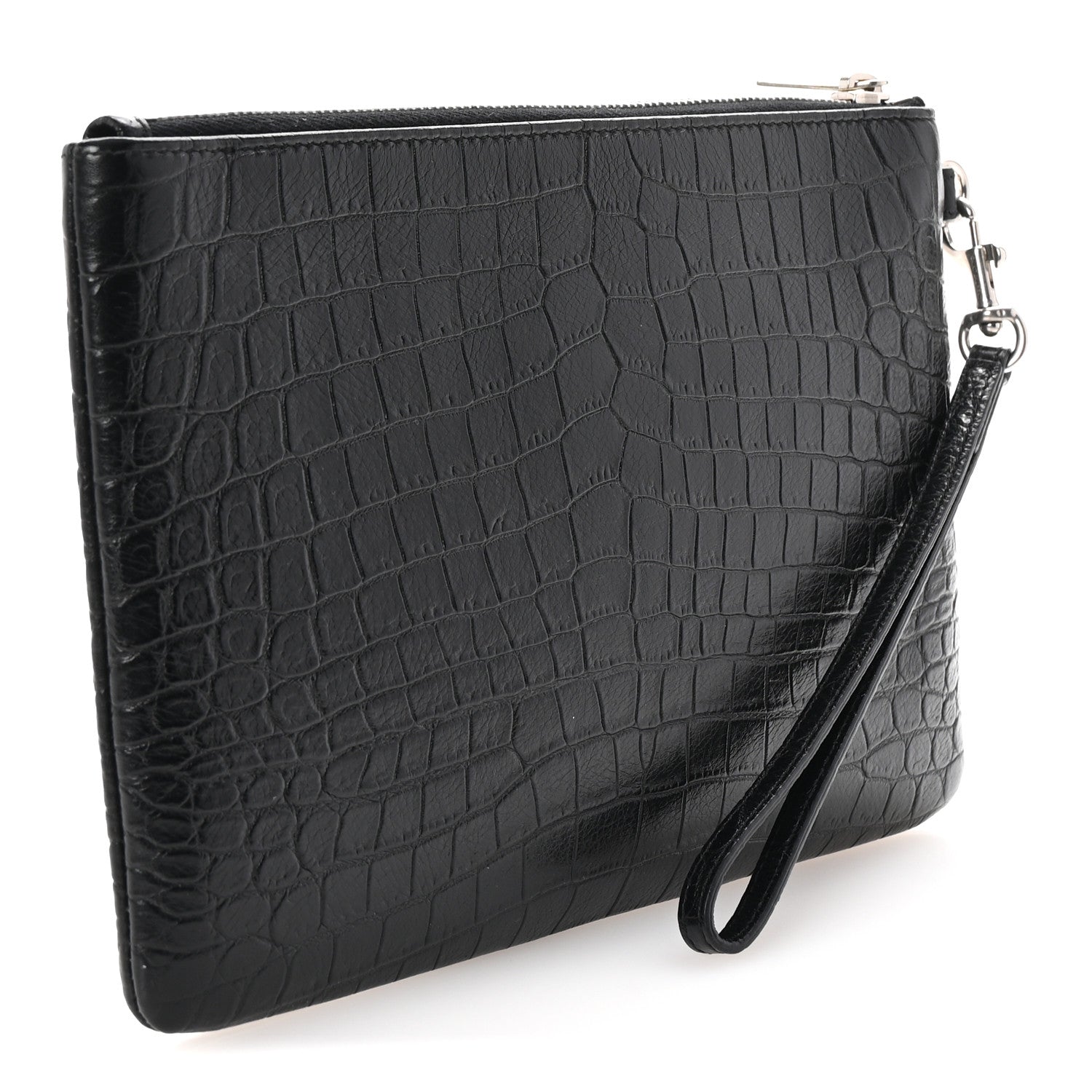 Calfskin Crocodile Embossed Monogram Zip Pouch Black