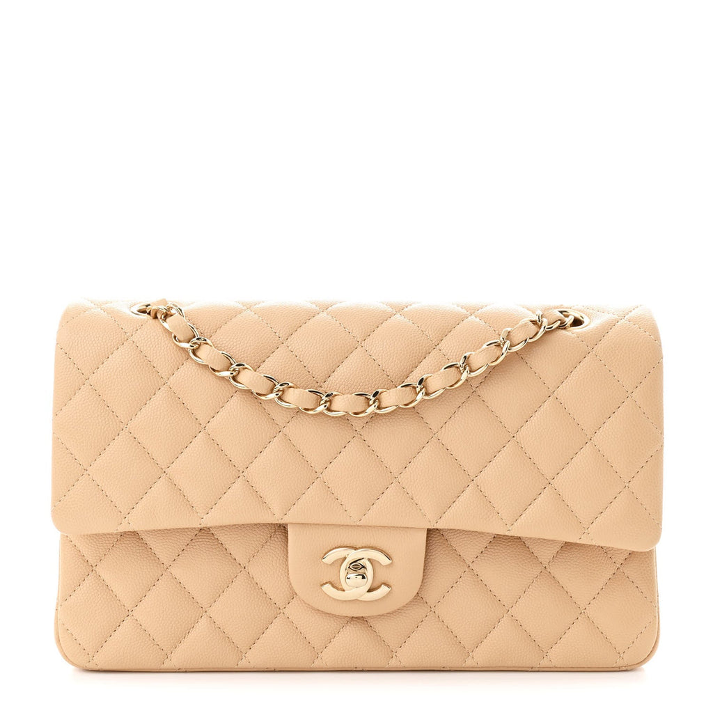 Caviar Quilted Medium Double Flap Beige