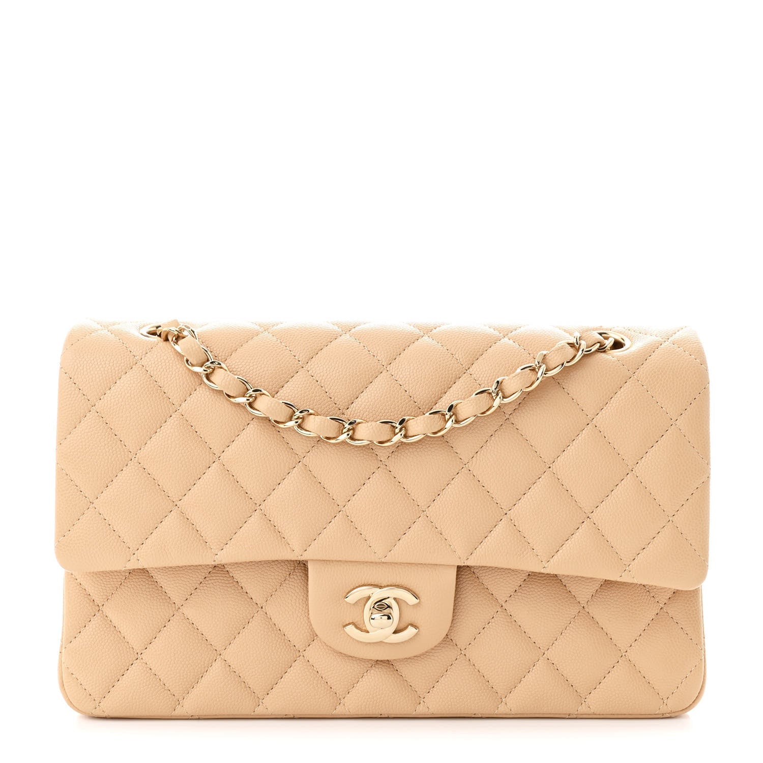 Caviar Quilted Medium Double Flap Beige