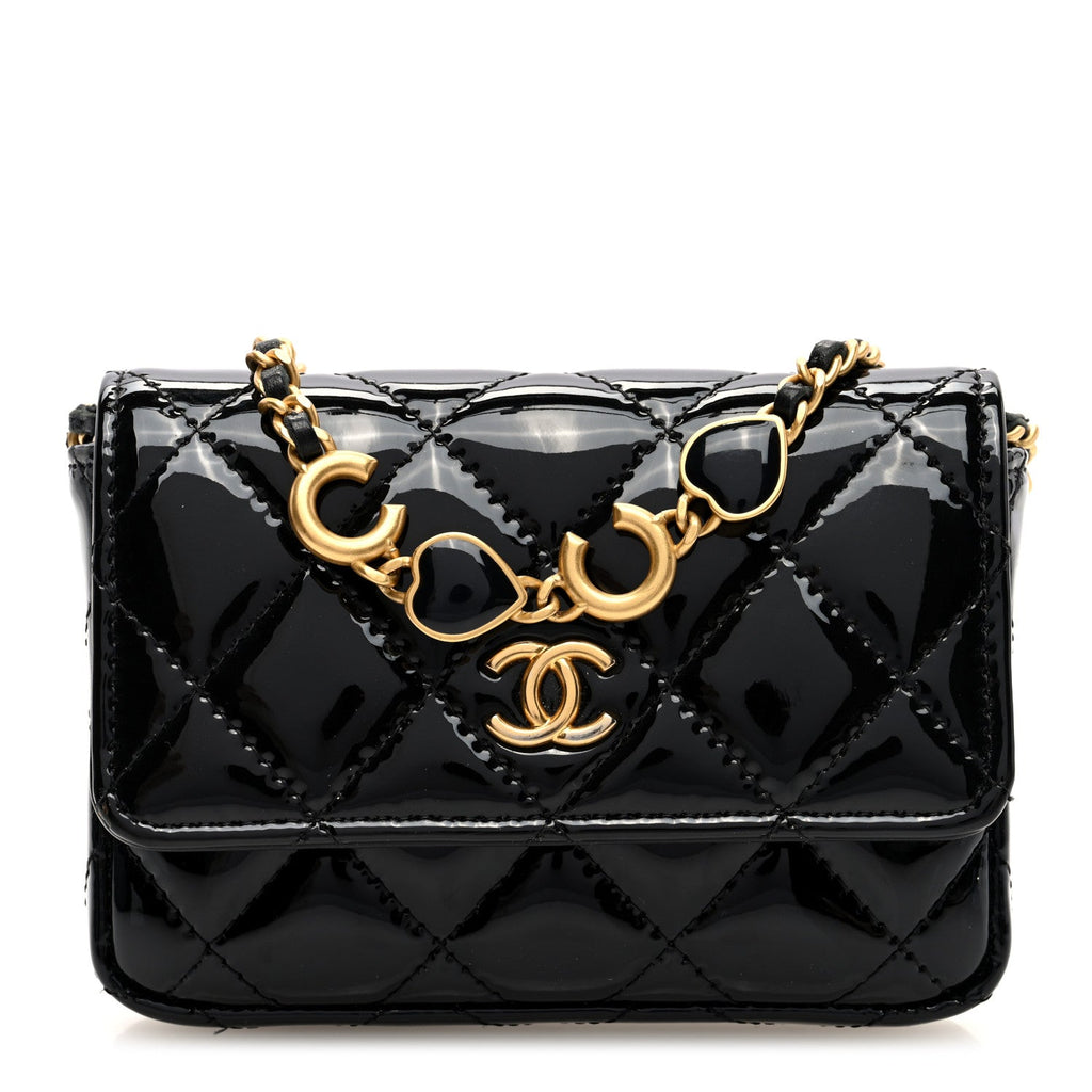 Patent Enamel Quilted Coco Hearts Clutch With Chain Black