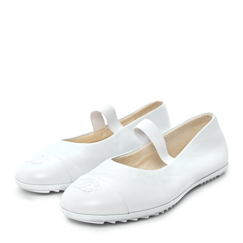 Lambskin Cap Toe CC Mary Jane Flats 38.5 White