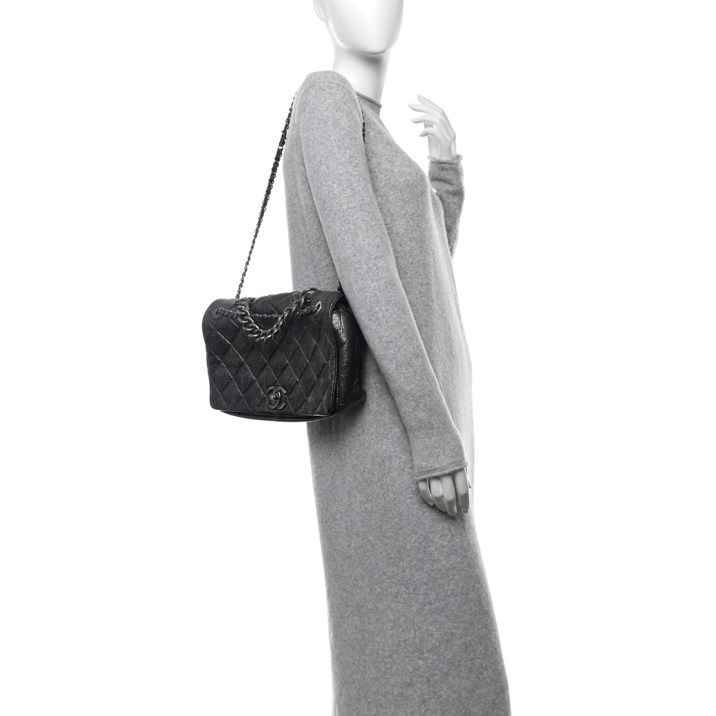 Aged Calfskin Quilted Medium Pondichery Flap Dark Grey