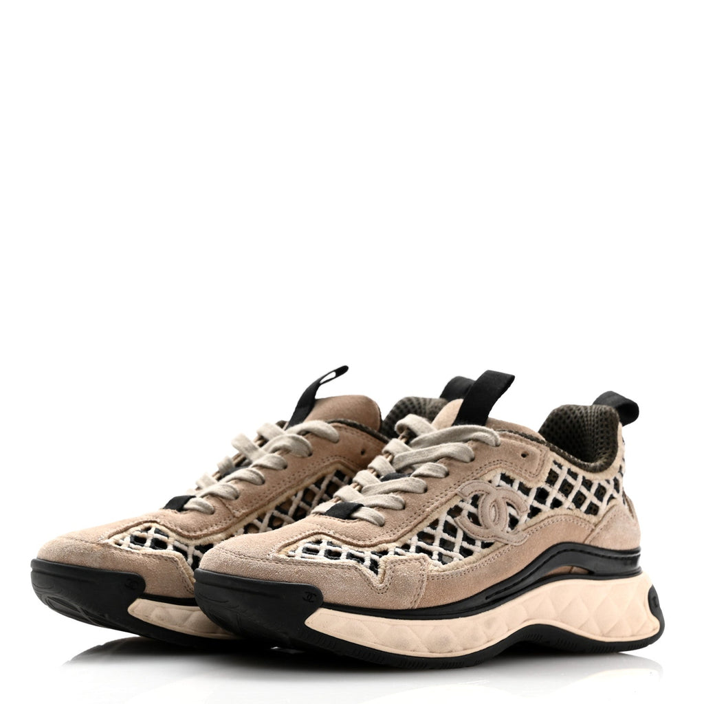 Suede Calfskin Embroidered CC Sneakers 36 Beige Black
