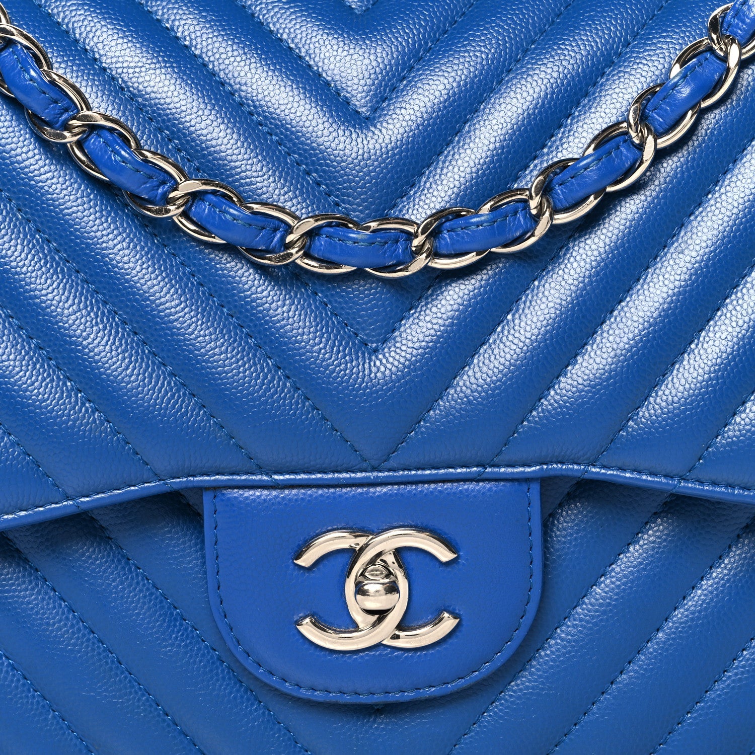 Caviar Chevron Quilted Jumbo Double Flap Blue