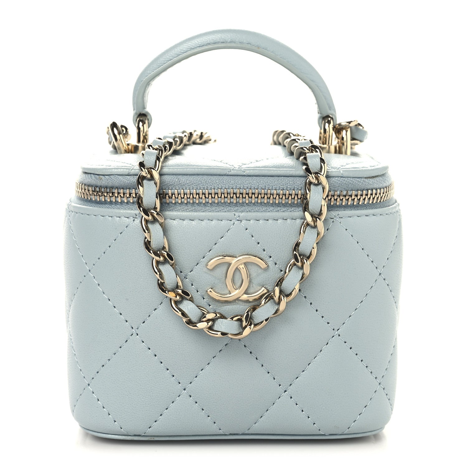 Lambskin Quilted Top Handle Mini Vanity Case With Chain Light Blue