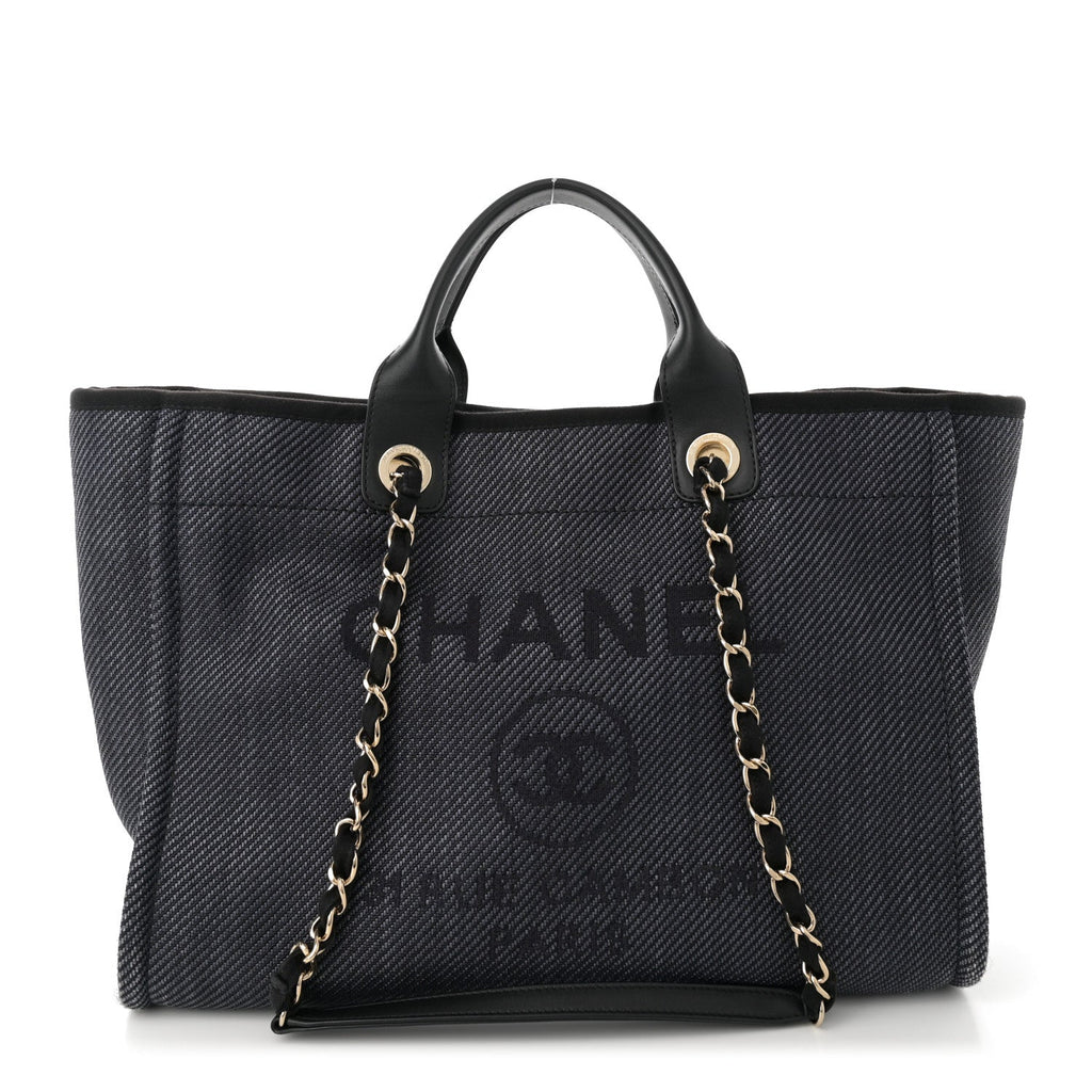 Mixed Fibers Calfskin Striped Medium Deauville Tote Black Black