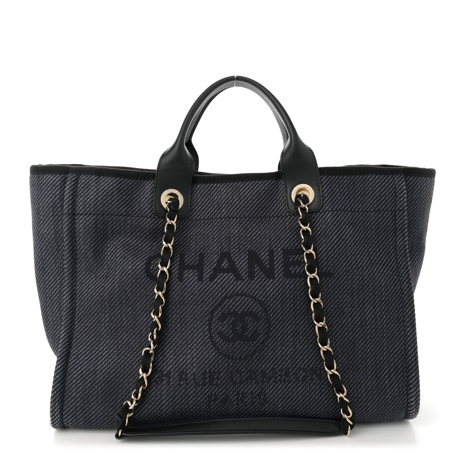 Mixed Fibers Calfskin Striped Medium Deauville Tote Black Black