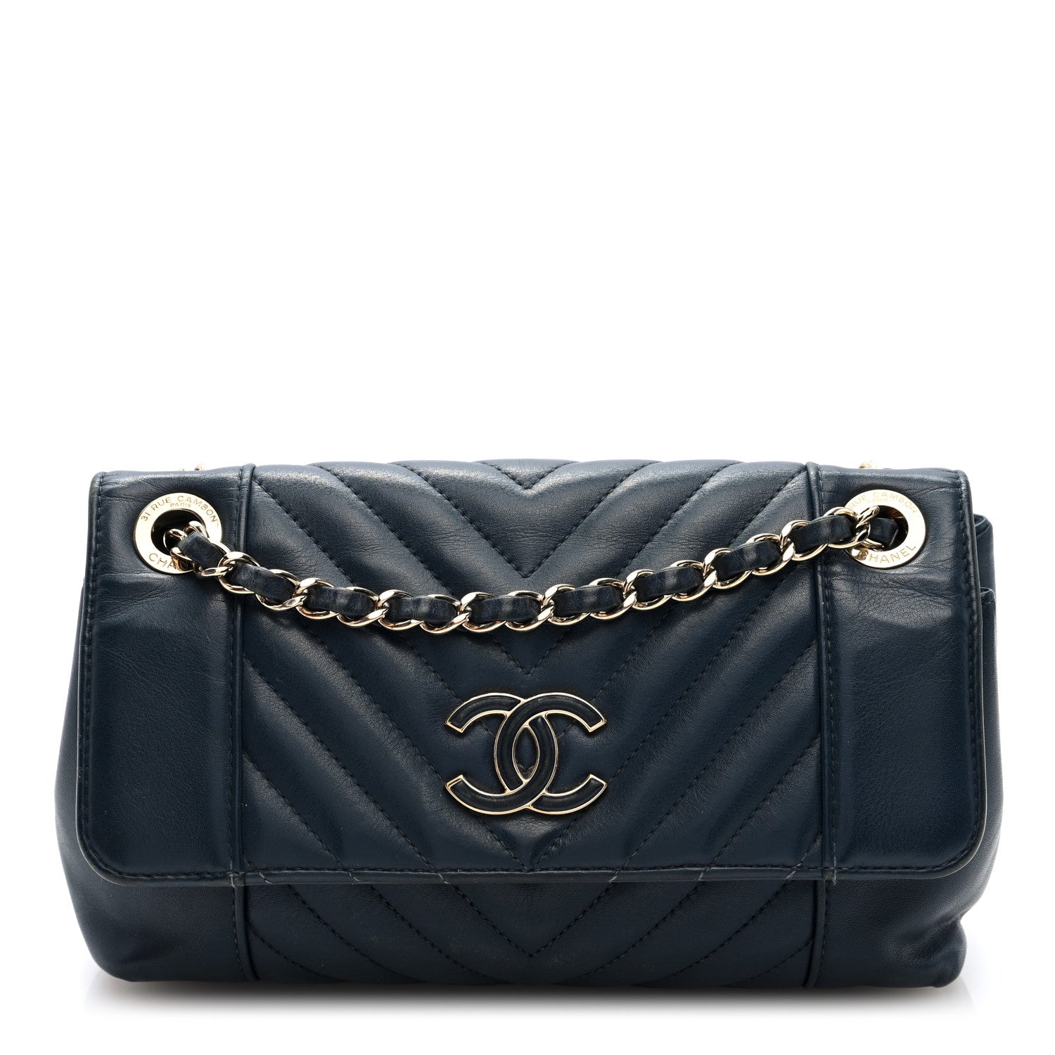 Calfskin Quilted Medium Daily Chevron Flap Navy Blue