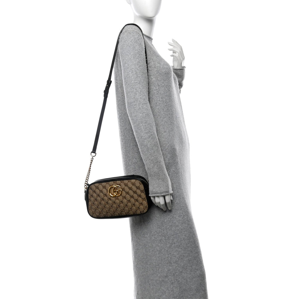 Monogram Matelasse Diagonal Small GG Marmont Chain Shoulder Bag Beige Black
