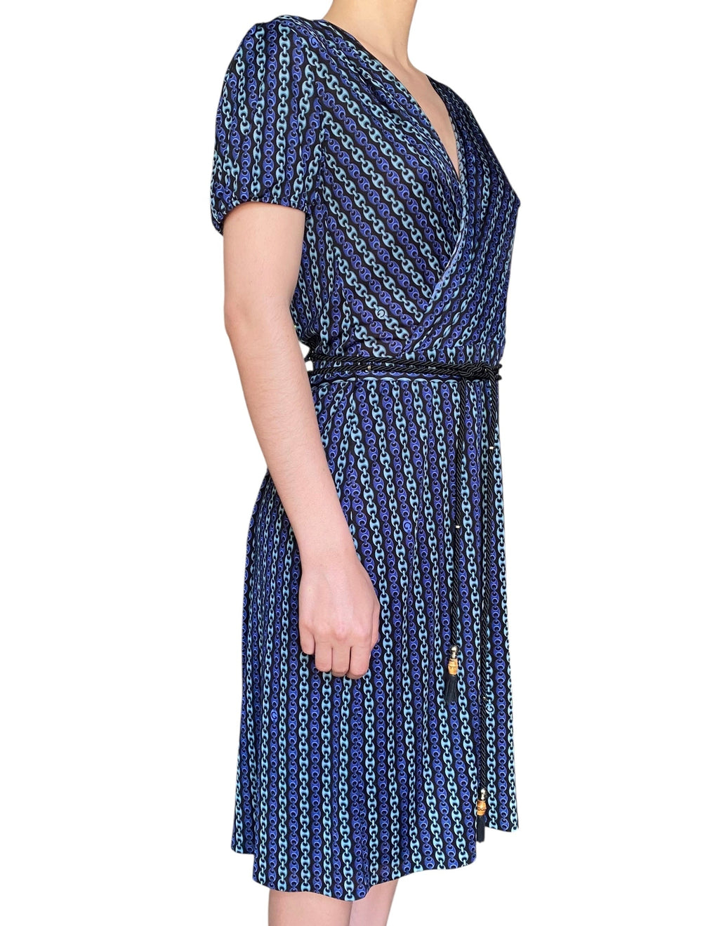 Gucci Tom Ford Blue Chain Link Printed Wrap Dress - L