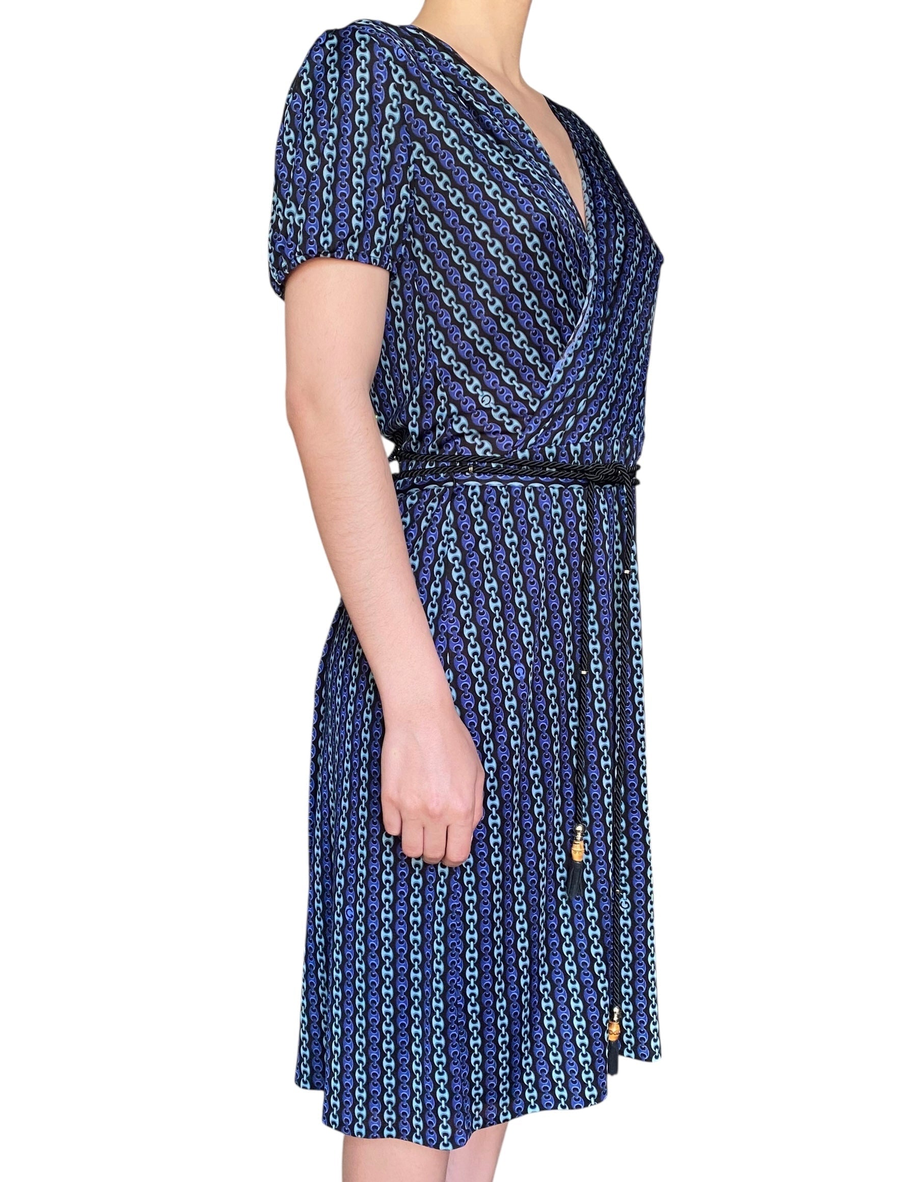 Gucci Tom Ford Blue Chain Link Printed Wrap Dress - L