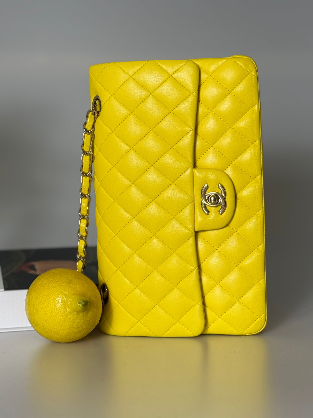 Chanel Yellow Classic Double Flap Bag Medium in Lambskin Leather with Silver Hardware