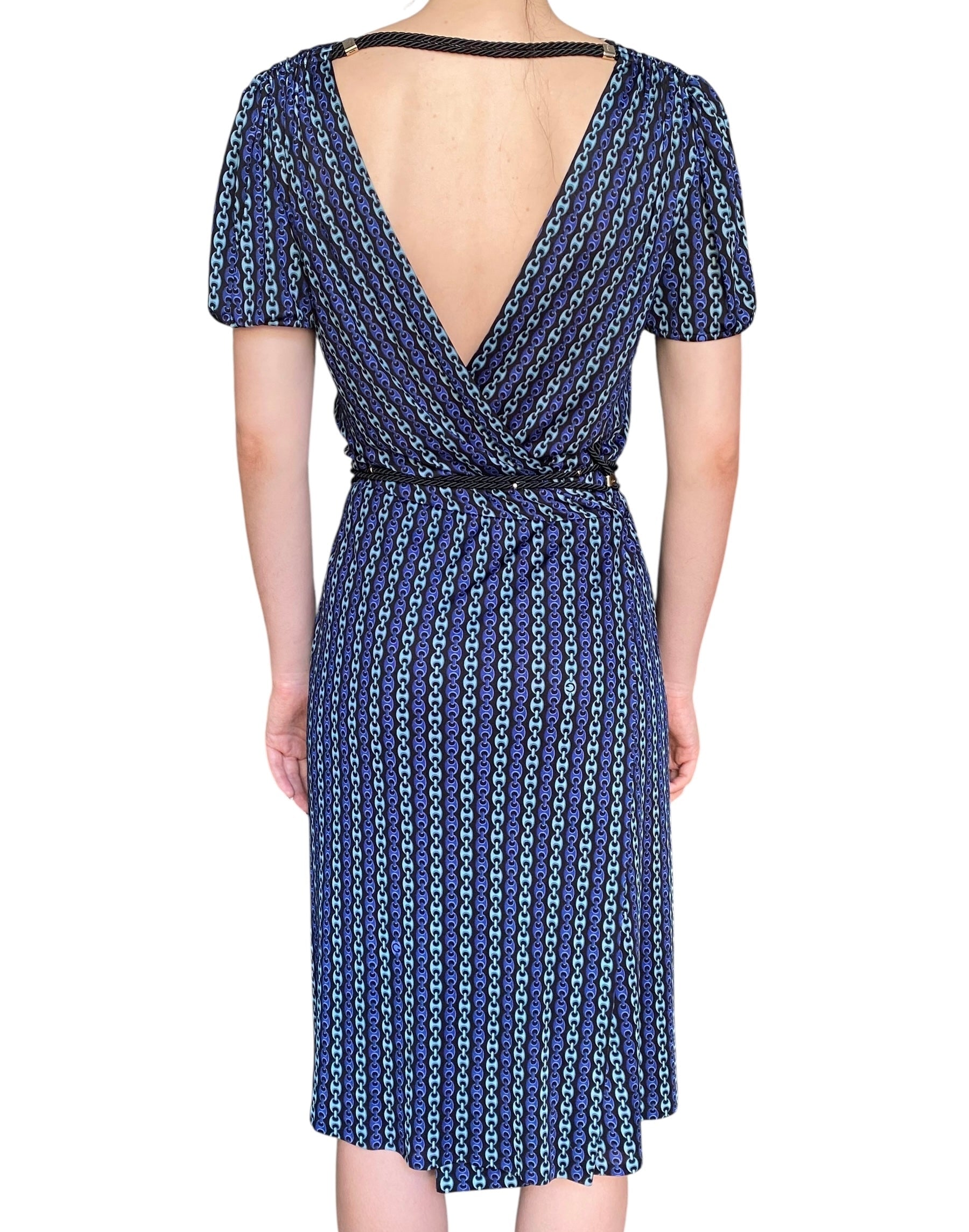 Gucci Tom Ford Blue Chain Link Printed Wrap Dress - L