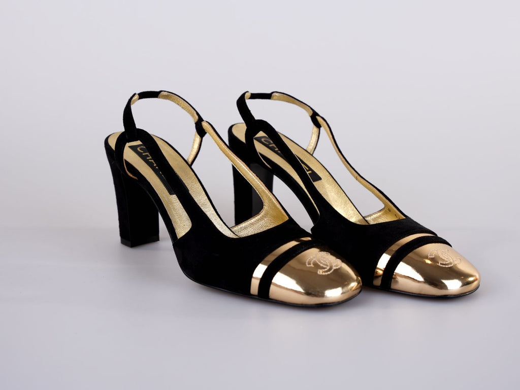 Chanel CC Slingback Heels Black Gold Size 37.5 EU