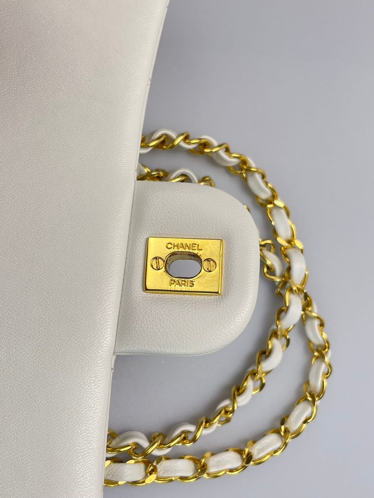 Chanel  Vinateg White Classic Flap Bag  with Gold Hardware