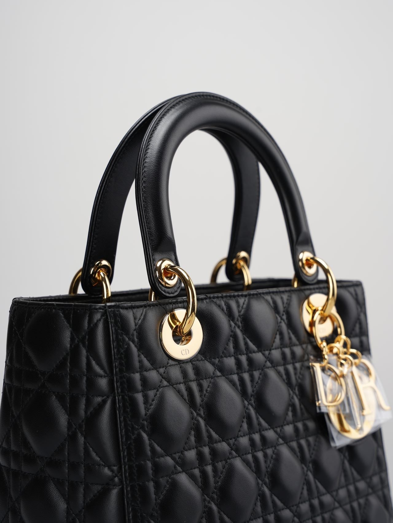 Christian Dior Black Medium Bag in Cannage Lambskin Leather with Gold Hardware