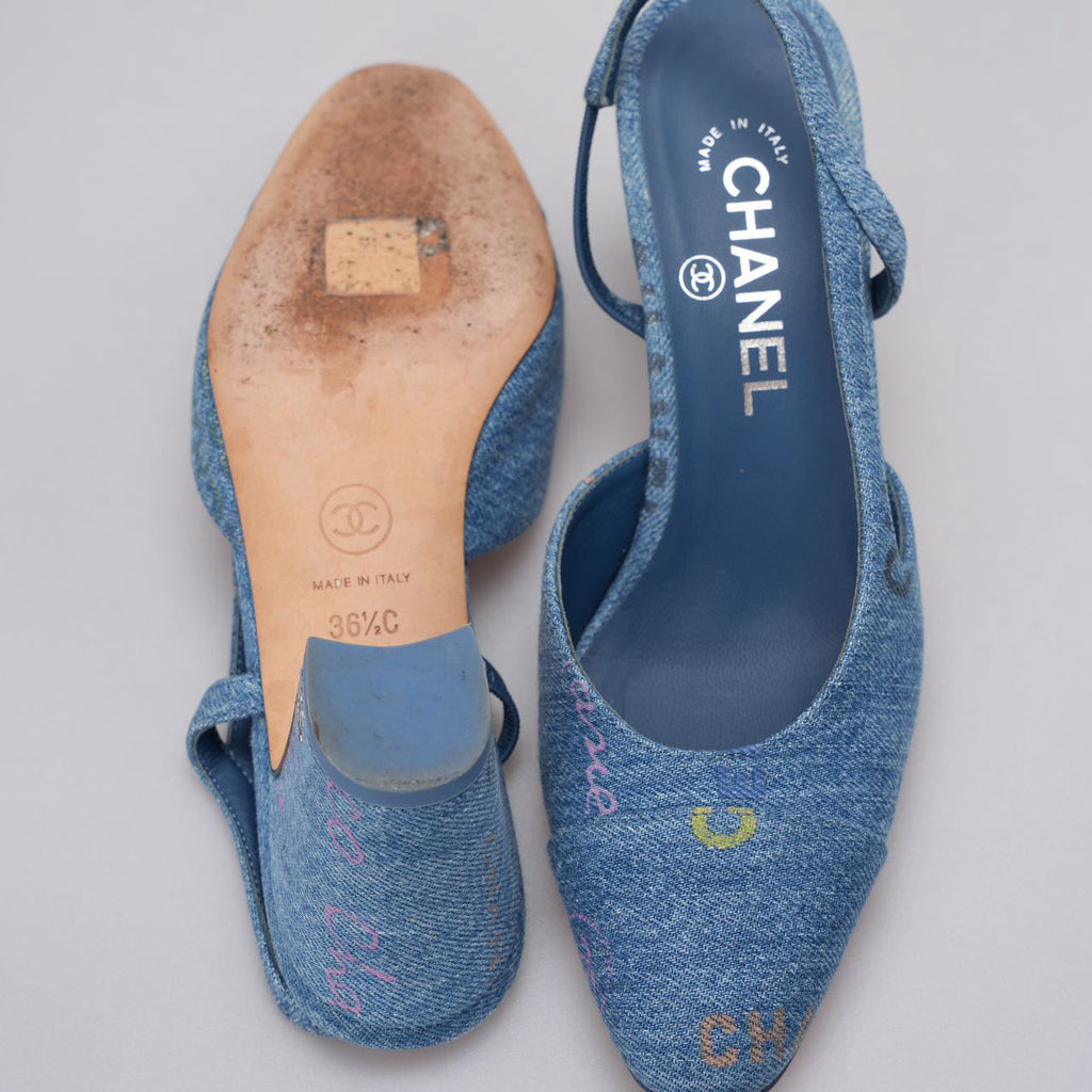 Chanel Denim Cap Toe CC Slingback Pumps Light Blue & Multicolor 36.5