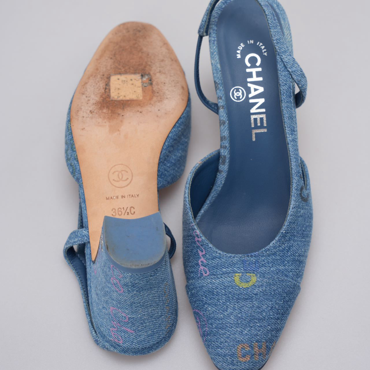 Chanel Denim Cap Toe CC Slingback Pumps Light Blue & Multicolor 36.5