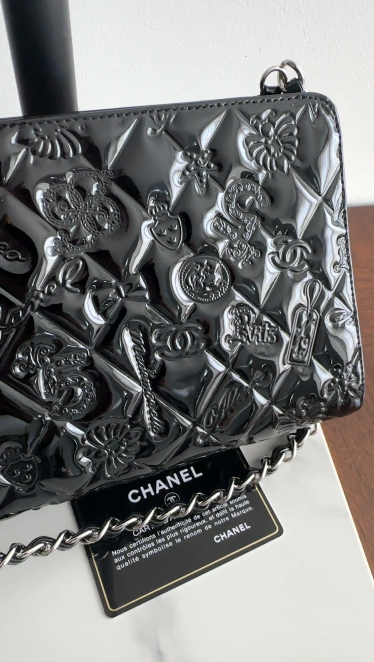 Chanel Black Patent Leather 2006-8 Lucky Symbols Pochette Bag