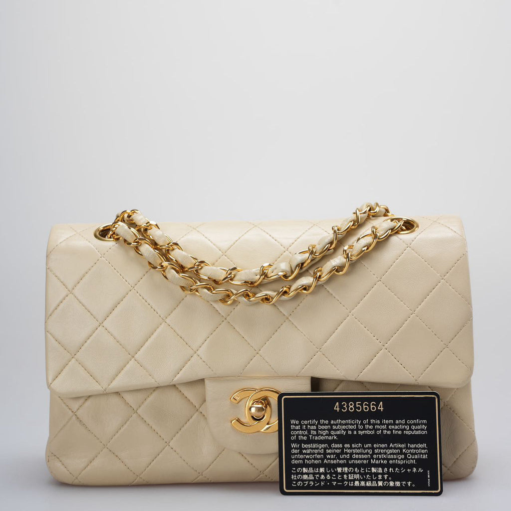 Chanel Vintage Small Classic Double Flap Bag in Beige with 24K Gold Hardware