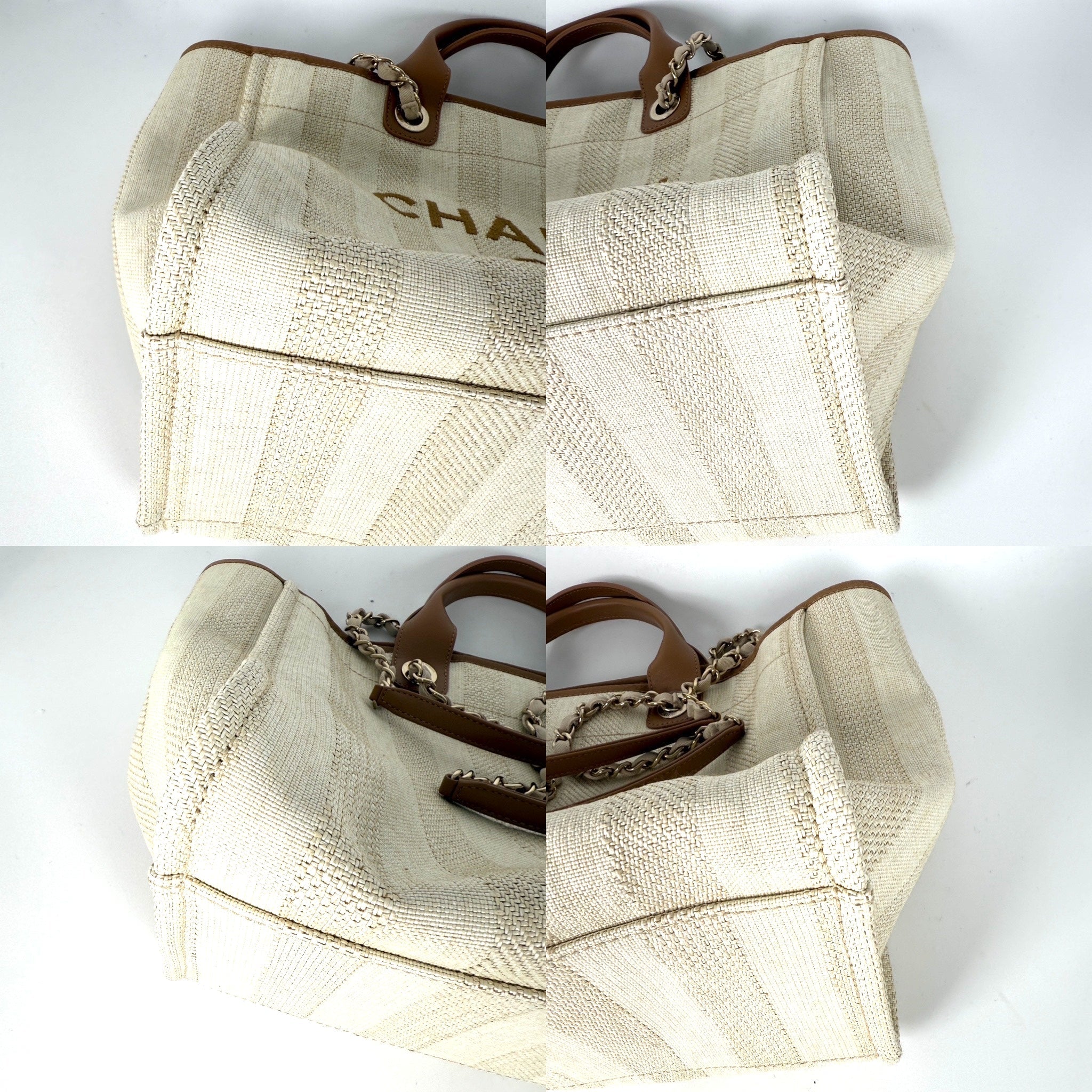 CHANEL Deauville Striped Medium Straw Raffia Beige Tan Shopping Tote