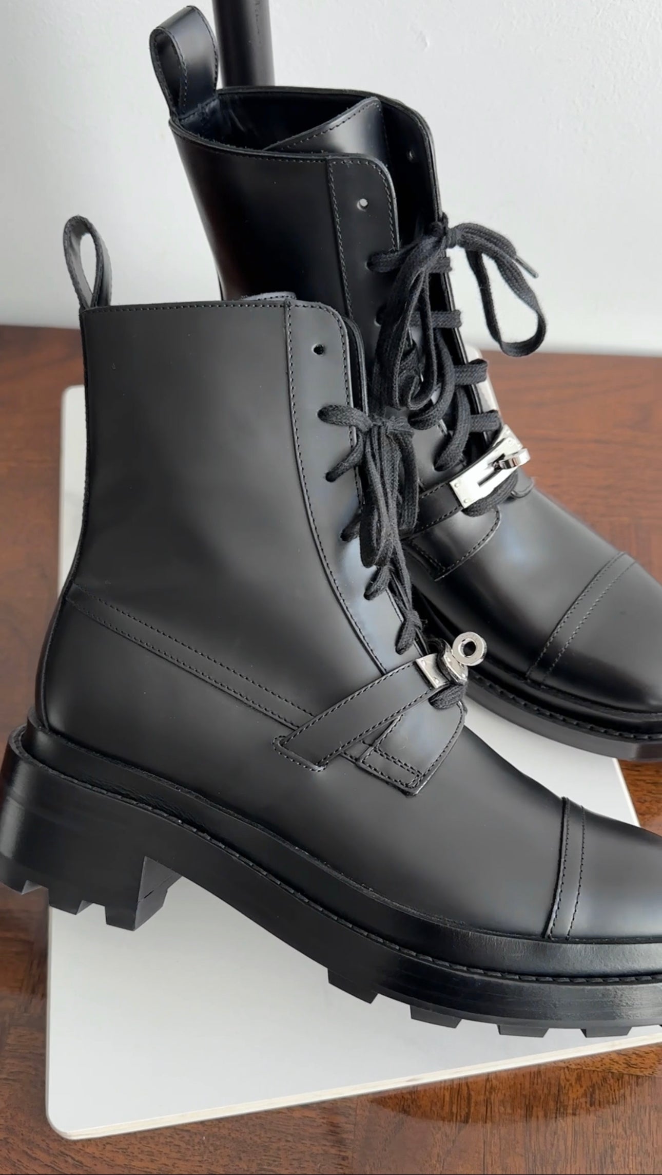 Hermes Black Glossed Leather Lace Up Funk Ankle Boot - USA 7