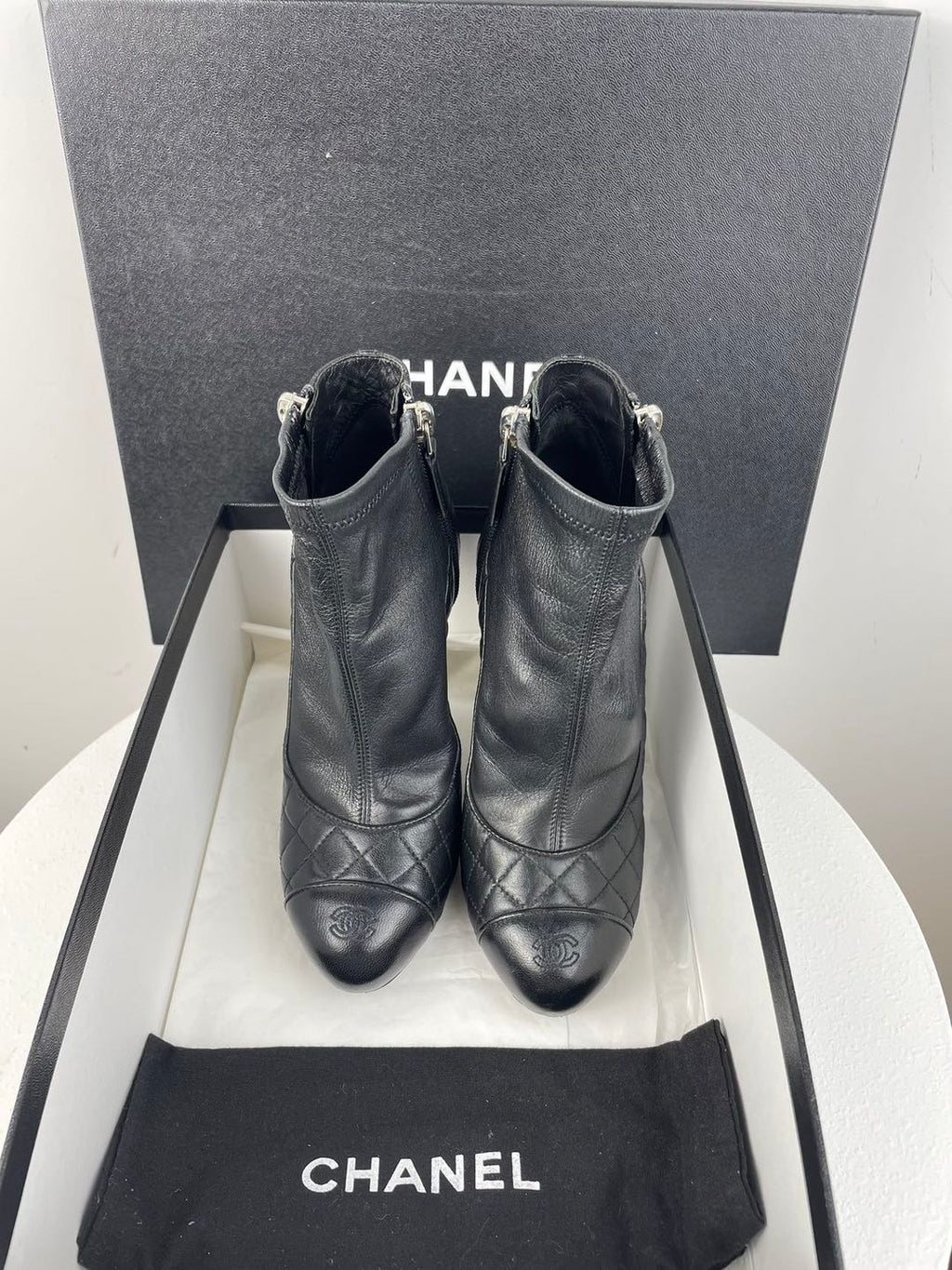 Chanel Black Leather Boots with CC Logo 34